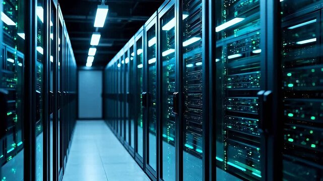 Rows of server racks in a data center