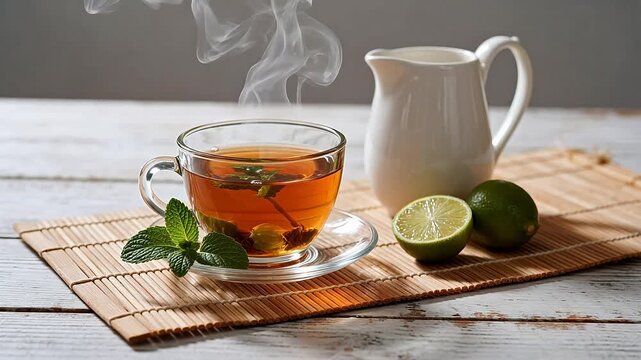 Steaming tea cup with mint and lime
