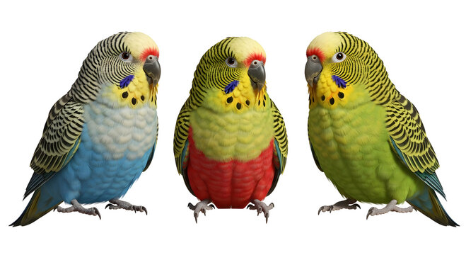 parakeets with vibrant feathers and natural poses, exotic birds isolated on white.
