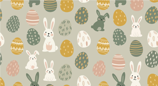 A charming seamless pattern featuring adorable cartoon Easter bunnies and intricately decorated eggs in soft pastel colors, set against a light, neutral background, perfect for spring holiday designs.