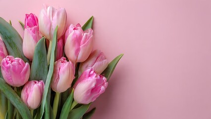 Fototapeta premium Vibrant pink tulips beautifully arranged on a soft pastel background, evoking feelings of spring, romance, and delicate charm in a naturally inviting composition