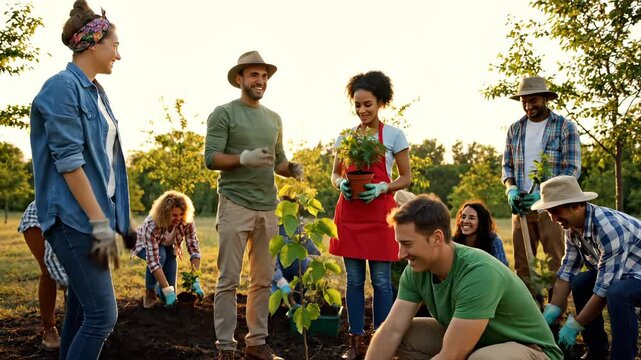 group planting sapling in park soil. participant kneels and covers root. tree stands in new hole. teamwork completes planting task. community tends growth. soil packed around root to protect sapling.