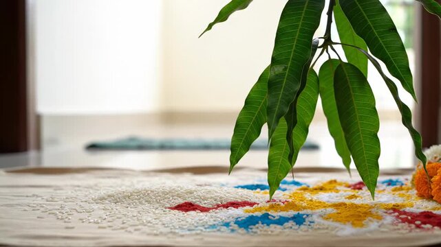 Green Mango Leaves And Traditional Colored Rice Grains Arranged On A Wooden Surface In Soft Natural Lighting With A Blurry Indoor Background Creating A Serene And Festive Atmosphere