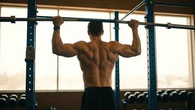 Athlete performing pull ups exercise in a gym setting for fitness concept