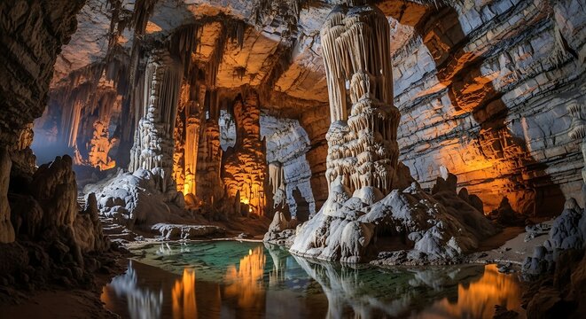 A breathtaking nature landscape features an ancient limestone cavern where a subterranean waterfall flows over dark rocks into a serene underground river surrounded by majestic stalactites and stalagm