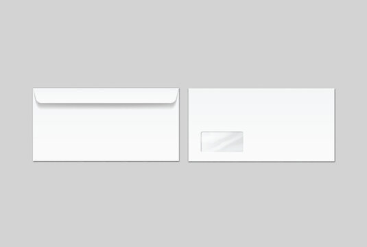 Blank white DL envelope mockup set with transparent window isolated on background. Open and closed view of realistic paper mailer for business letters, corporate branding, and office stationery