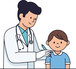 Doctor examining a young boy with a stethoscope in a clinical setting from a straightforward viewpoint