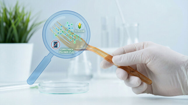 Micro-Sustainability. hand in glove holds biodegradable fork made from cornstarch polymer promoting micro sustainability