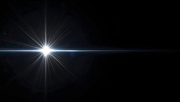 Single white star flare with a bright core and long horizontal vertical spikes on a deep black background