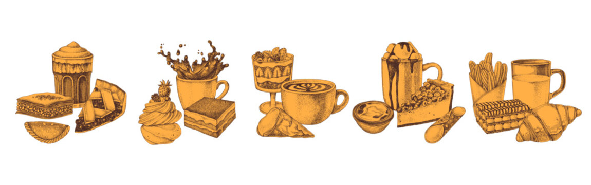 Pastries with coffee and tea hand drawn vector collection