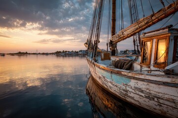 Amber sunset reflection on tranquil water around a vintage sailing vessel