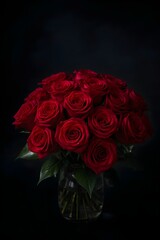Romantic Red Roses Bouquet for Valentine&rsquo;s Day on Black Background. 
