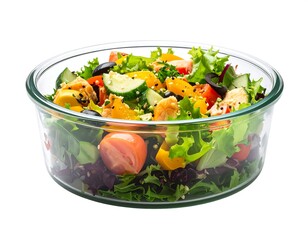 A vibrant, clear glass bowl displays a colorful and fresh salad featuring a variety of vegetables and greens