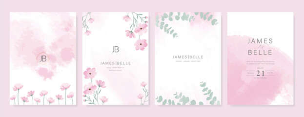 Summer Flower Wedding Invitation set, floral invite thank you, rsvp modern card Design in pink leaf greenery  branches with water color texture background.  © babeer