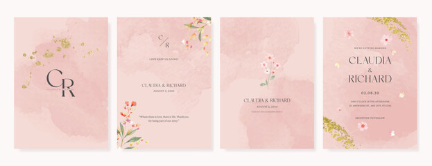 Summer Flower Wedding Invitation set, floral invite thank you, rsvp modern card Design in pink leaf greenery  branches with water color texture background. 