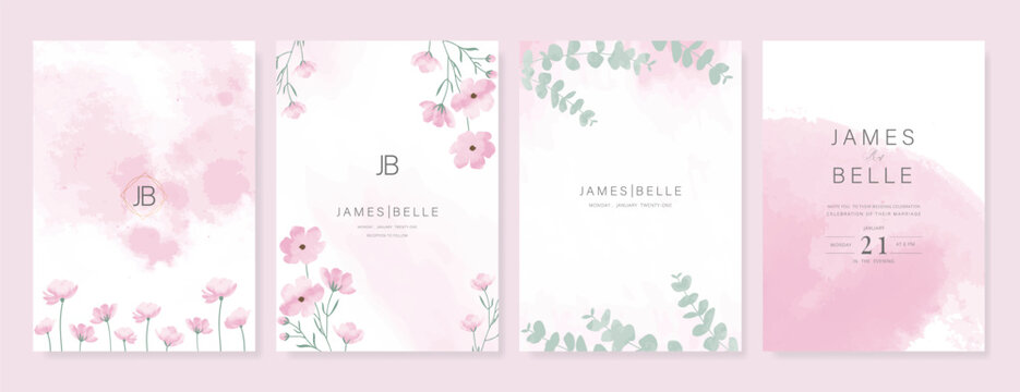 Summer Flower Wedding Invitation set, floral invite thank you, rsvp modern card Design in pink leaf greenery  branches with water color texture background. 