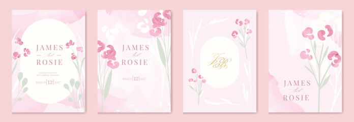 Summer Flower Wedding Invitation set, floral invite thank you, rsvp modern card Design in pink leaf greenery  branches with water color texture background. 