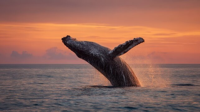 Breaching humpback whale at sunset over a tropical Malagasy coastline with a distant island on the horizon