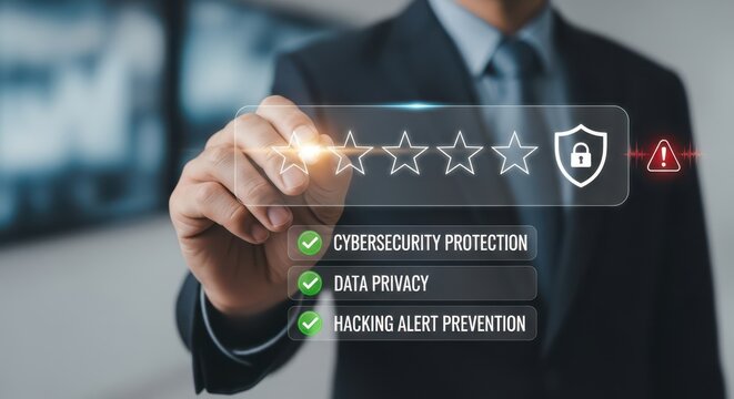 Closeup Businessman Hand reviewing five star rating representing cybersecurity protection with data privacy and hacking alert prevention