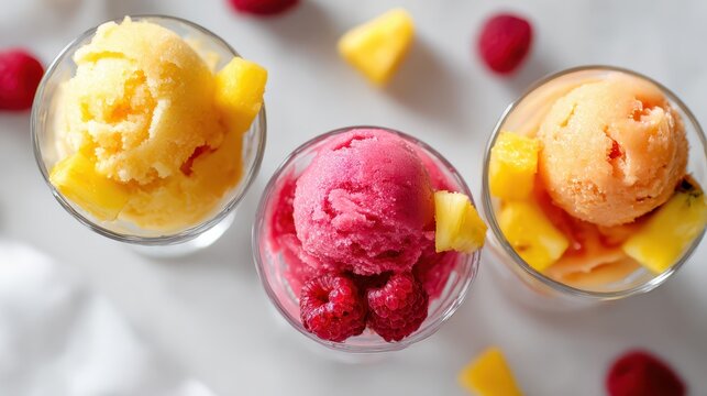 Bright dessert platter with three fruit sorbets &acirc;&euro;&rdquo; pineapple yellow, raspberry pink, mango orange &acirc;&euro;&rdquo; minimal setup