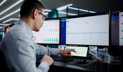 Fototapeta premium Busy Hispanic IT Specialist Multitasking