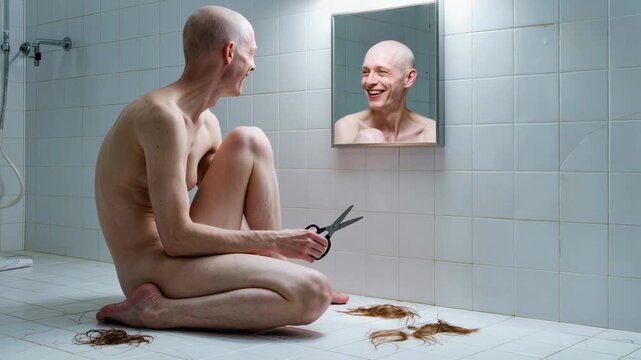Naked man cutting his hair with scissors in bathroom mirror