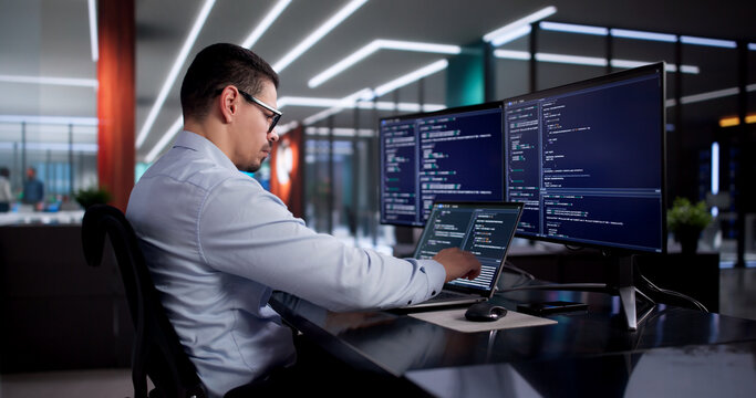 Busy Software Engineer Coding In Office, Developing Web Applications