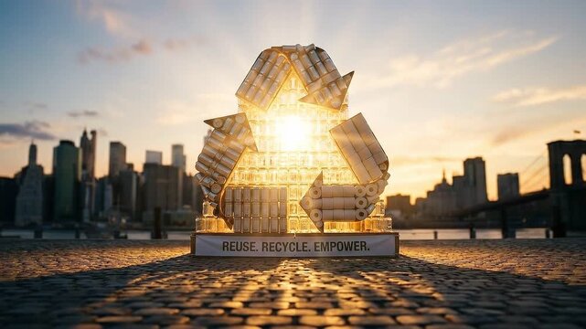 Stacked Reusable Items Forming Recycling Symbol Against Urban Skyline