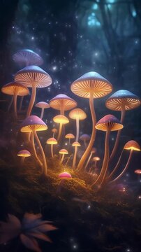 scene featuring a cluster of luminous mushrooms emitting an ethereal glow in a dar