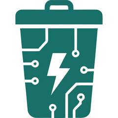 Electronic waste disposal illustration showing a trash bin with circuit board and lightning bolt symbol