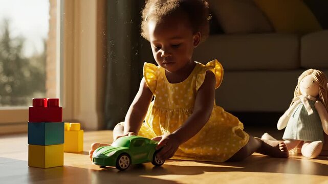 Little child plays with green toy car on wooden floor. Cute girl pushing toy car. Toddler playing with car at home. Happy child enjoys playing game. Kid with toy sits on floor in light. Sunny room