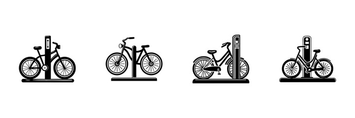Fototapeta premium Bicycles At Charging Stations In Hand Drawn Style Set. Electric Bike Charging, Eco-Friendly Transportation Doodle Sketch Collection. Sustainable Urban Mobility. Isolated Vector Illustration