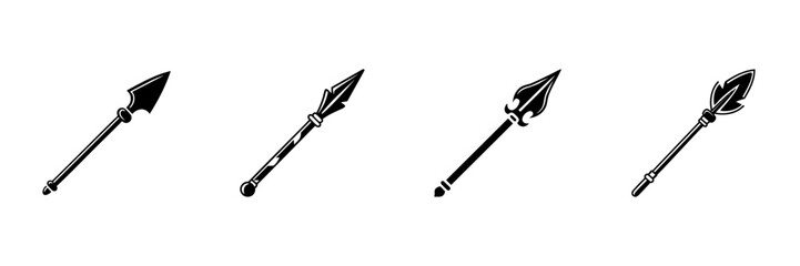 Spears Collection In Hand Drawn Style Set. Ancient Weaponry, Hunting Tools, Historical Combat Doodle Sketch Collection. Primitive Warfare Symbols. Isolated Vector Illustration