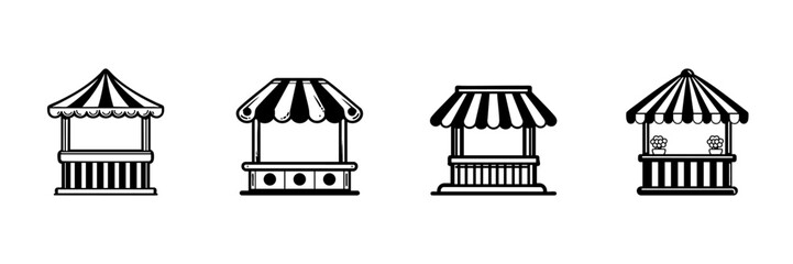 Market Stall Icons In Hand Drawn Style Set. Outdoor Vendor Booths, Street Market Stalls, Pop-Up Shop Doodle Sketch Collection. Retail And Festival Stands. Isolated Vector Illustration