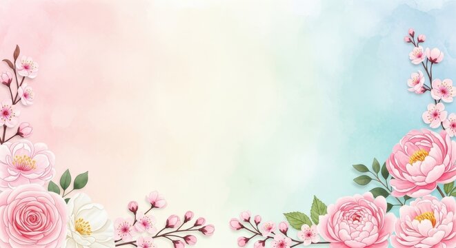 Soft watercolor illustration of delicate pink flowers framing a pastel gradient background, ideal for a gentle mother's day greeting.
