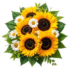 A vibrant, close-up bouquet of sunflowers and daisies against a white background, suggesting freshness and springtime