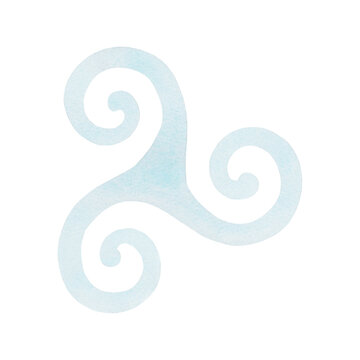 Light watercolor Triskele Celtic symbol in soft blue pink hues with subtle paper texture.Irish spiritual design with gentle washes for tattoo concepts,mystical branding,personal growth projects