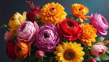 A vibrant, close-up bouquet showcasing an assortment of colorful blooms against a dark, moody background. Petals are lush