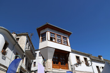 Balcony in the historic old town of the Albanian city of Gjirokastra 