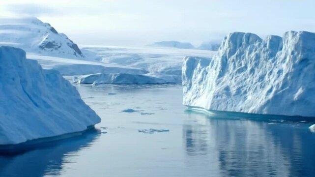 A serene icy landscape with majestic glaciers and frozen mountains surrounding a calm body of water from a distant viewpoint