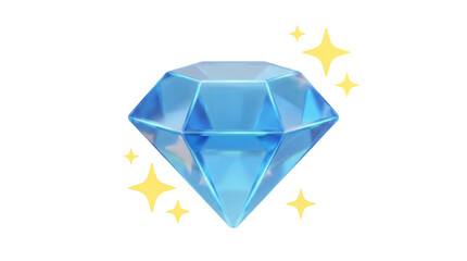 Blue diamond gemstone in 3D cartoon style with golden sparkles and glowing reflections