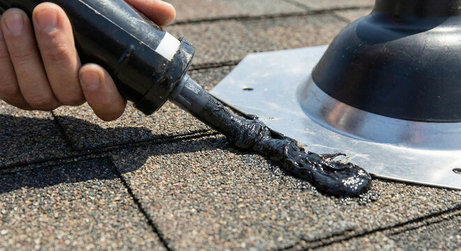 Roofer applying black sealant to roof vent pipe flashing with gun
