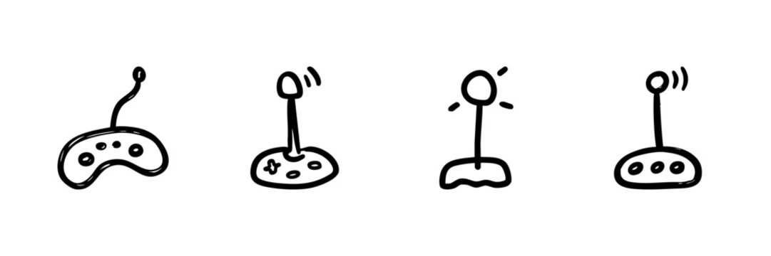 Game Controllers And Joysticks Line Icon Set In Doodle Style. Gaming Interaction, Console Control, And Entertainment Devices Outline Sketch Collection. Hand Drawn Isolated Vector Illustration