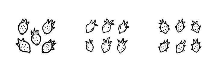Fototapeta premium Dragon Fruit Line Icon Set In Doodle Style. Exotic Fruit, Tropical Produce, And Healthy Eating Outline Sketch Collection. Hand Drawn Isolated Vector Illustration