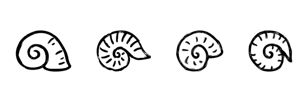 Seashell Spiral Line Icon Set In Doodle Style. Nautical And Marine Life Symbolism Outline Sketch Collection. Coastal And Oceanic Theme. Hand Drawn Isolated Vector Illustration