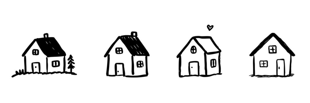 Four Cozy House Line Icons In Doodle Style. Home Sweet Home, Real Estate, And Family Living Outline Sketch Collection. Hand Drawn Isolated Vector Illustration