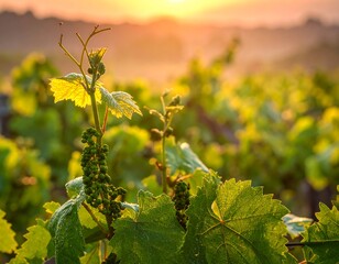 A serene vineyard scene at sunset with lush greenery