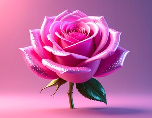 A vibrant close-up captures a blooming pink rose with dew drops, set against a gradient background