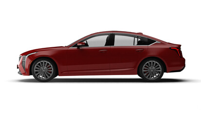 Photorealistic 3D render of a sleek modern red sedan car in full left side profile view isolated on transparent background