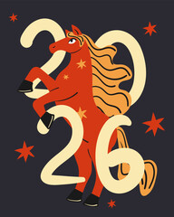 Chinese New Year of the horse 2026 greeting card. Hand drawn bright poster. Doodle style flat vector illustration.